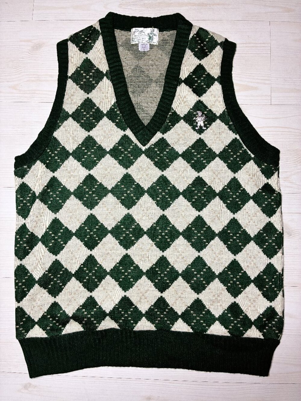 Vintage The Knicker Co Argyle Sweater Vest Green Cream Men's L Made in the USA